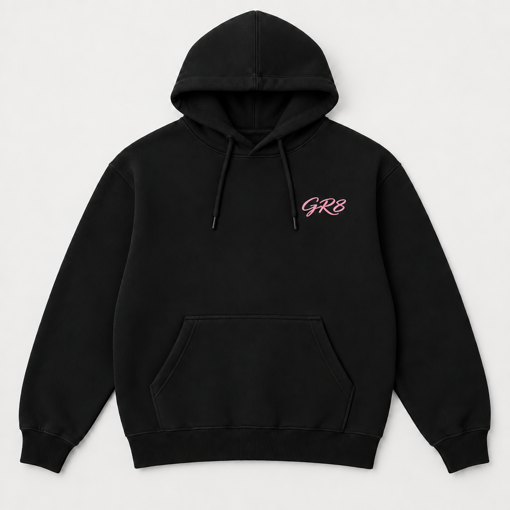 Momentum Heavyweight Hoodie in black, front view with GR8 logo