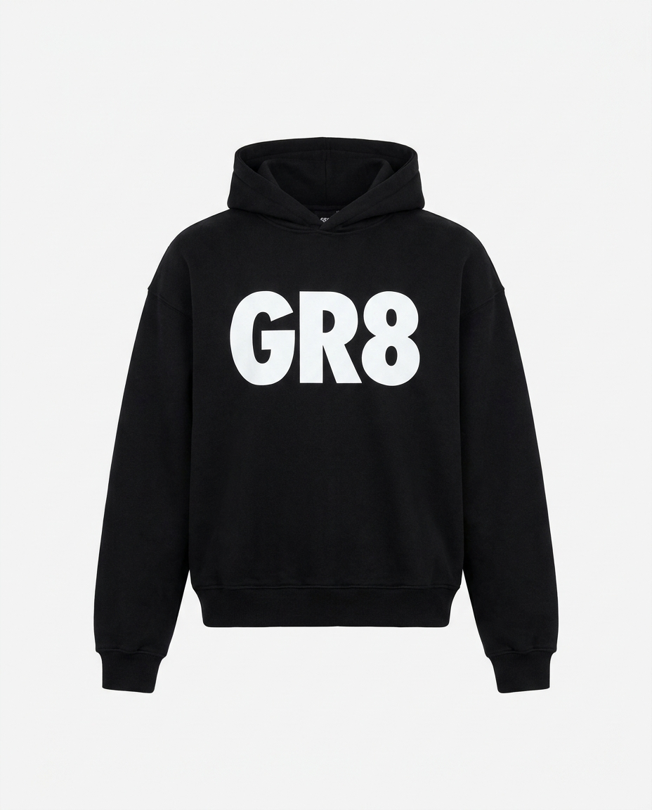 Momentum Heavyweight Hoodie in black, front view with GR8 logo