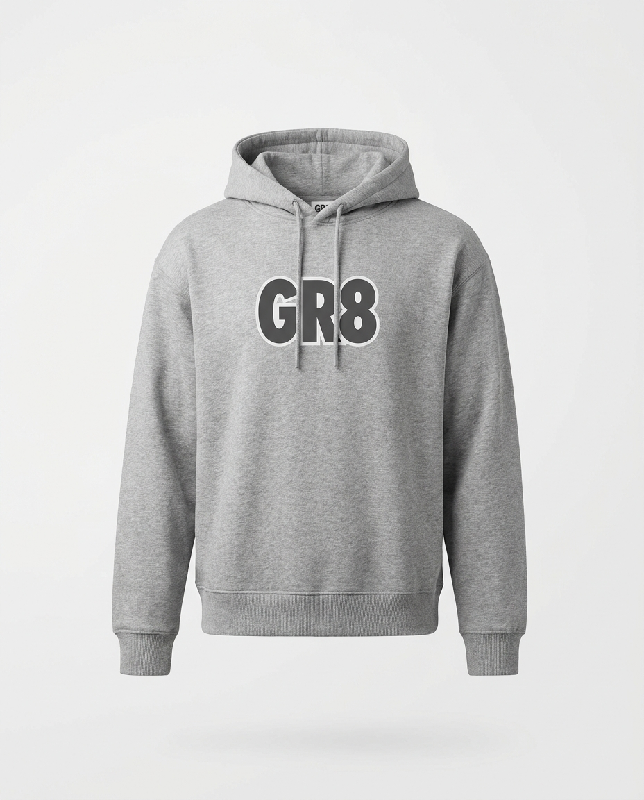 Momentum Heavyweight Hoodie in Heather Grey, front view with GR8 logo
