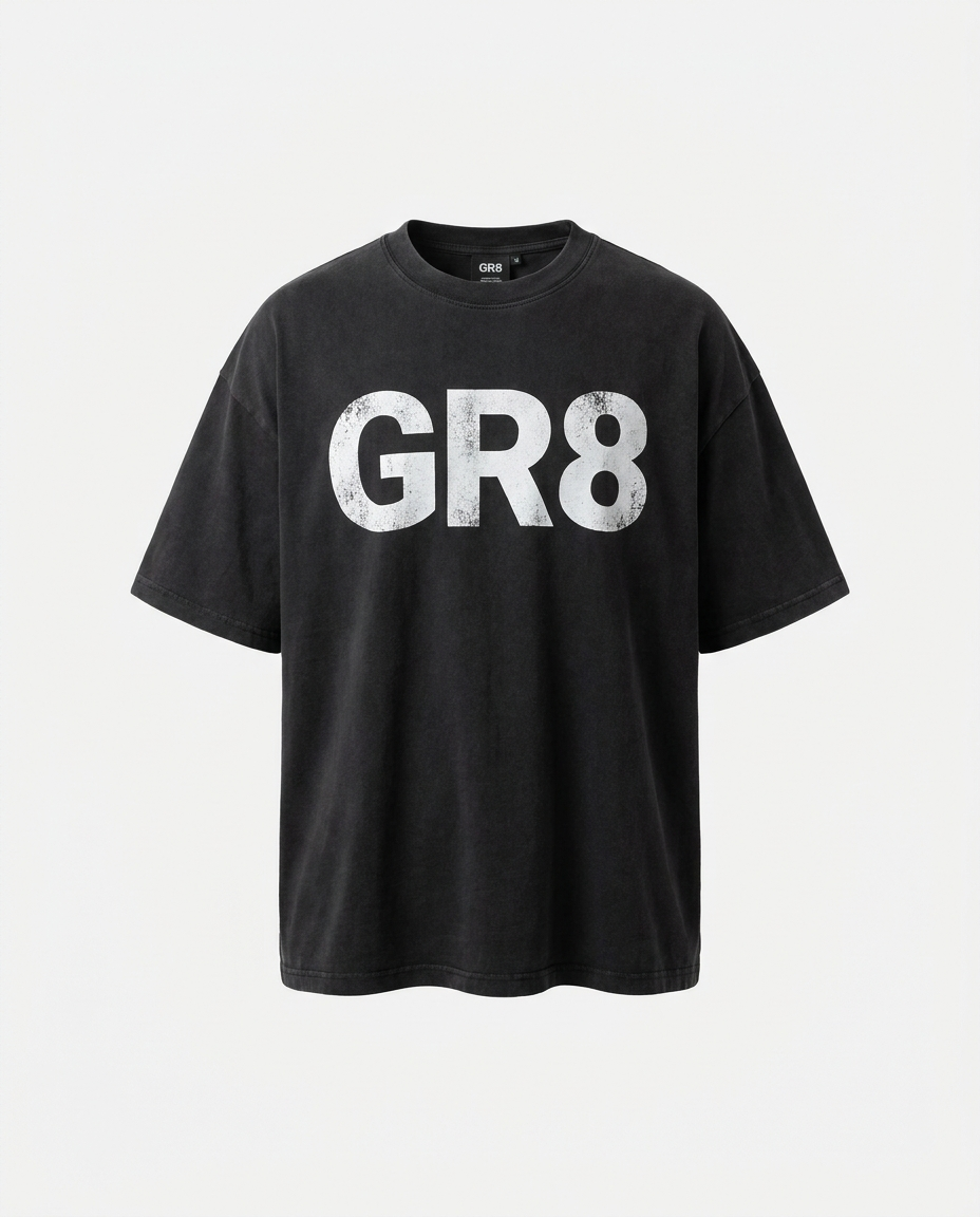 Groundwork Oversized Tee, Washed Black, front view with GR8 logo