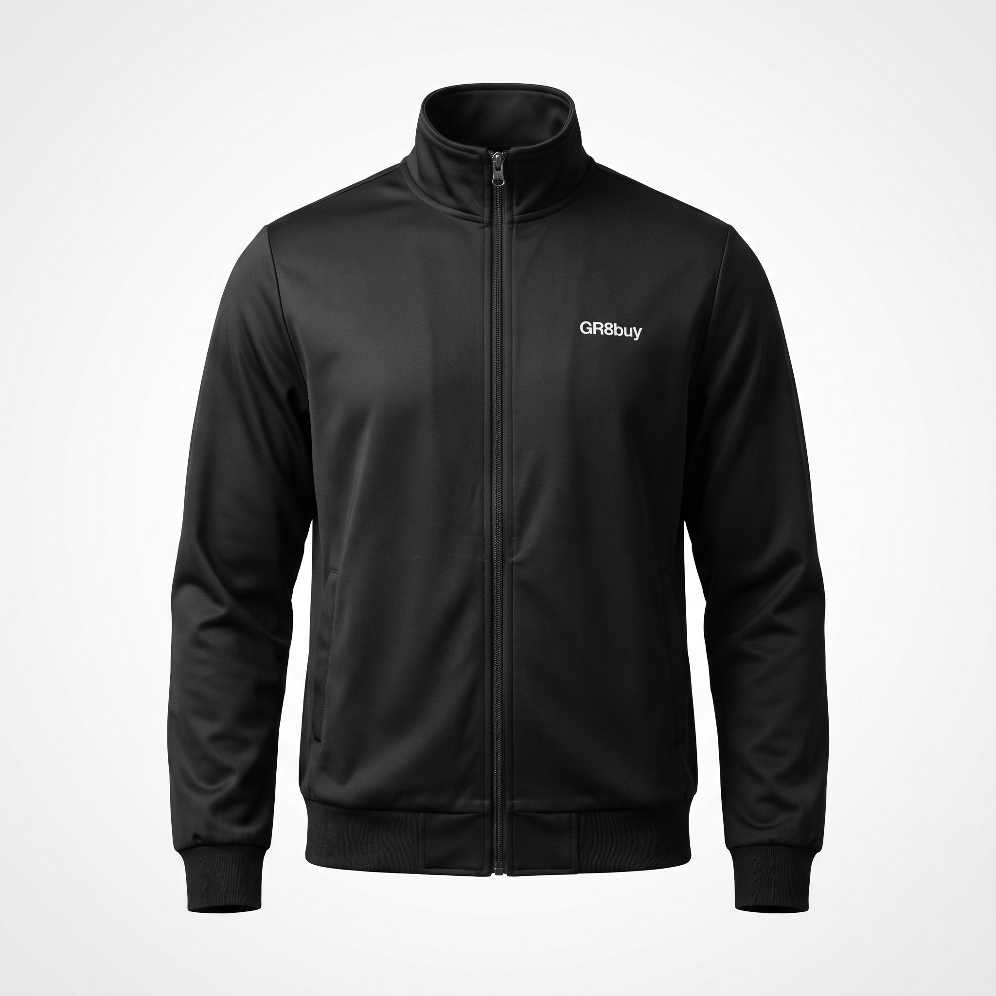 Momentum Track Jacket in black with GR8buy chest logo, front view