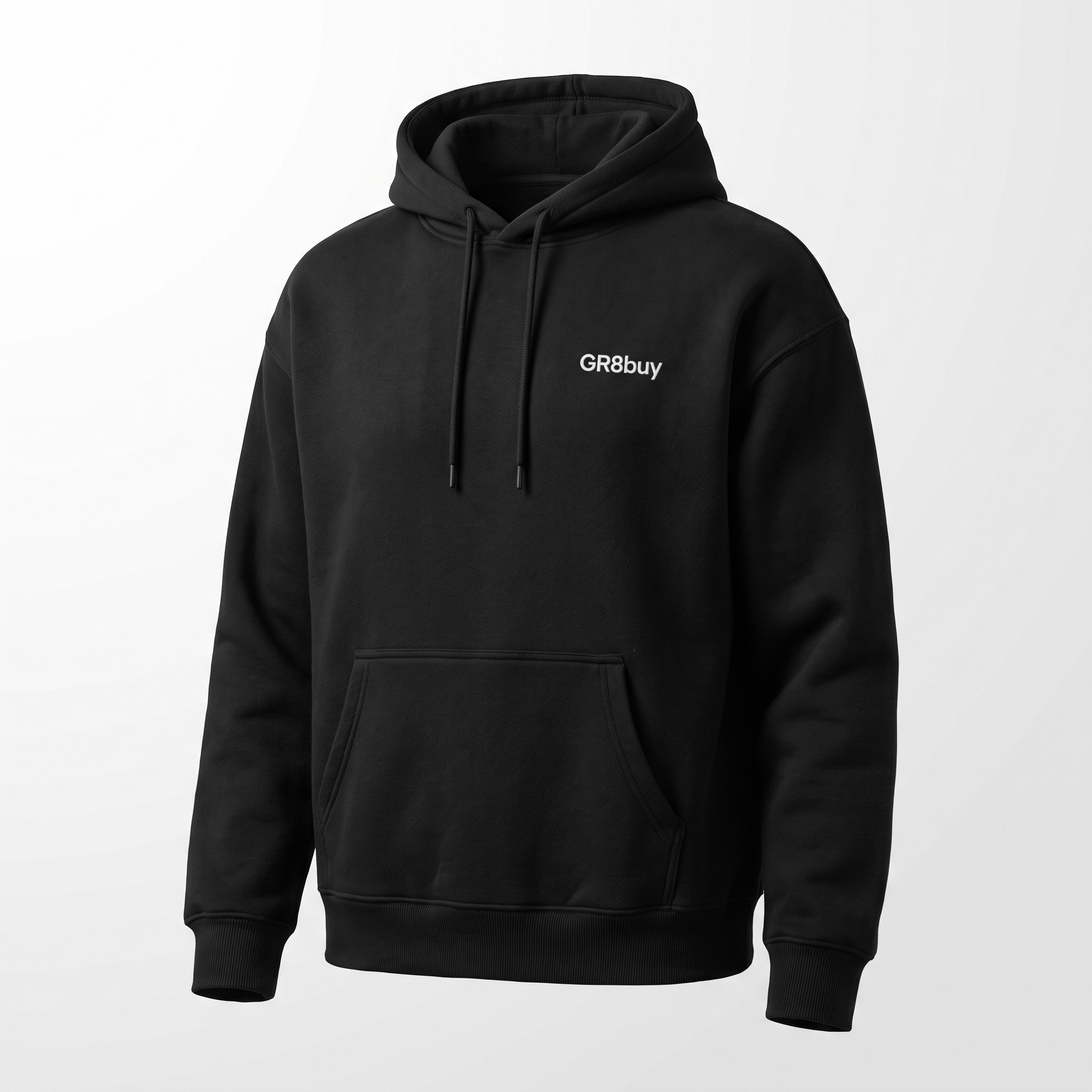 Momentum Heavyweight Hoodie in black with GR8buy chest logo, front view