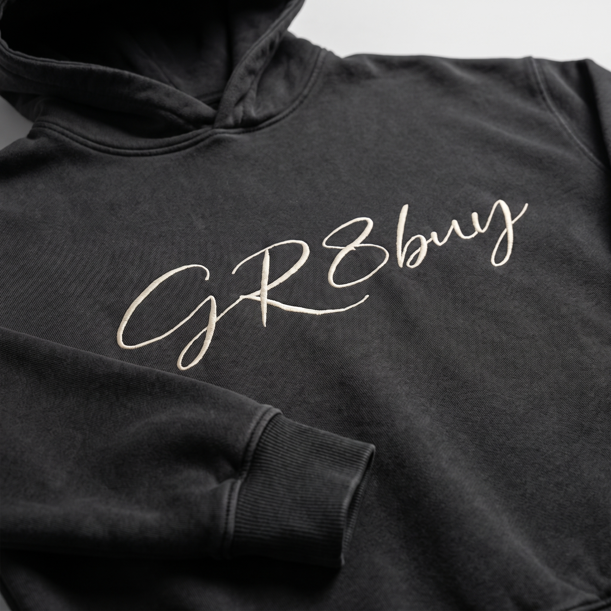 Groundwork Heavyweight Hoodie in washed black, chest logo and cuff detail