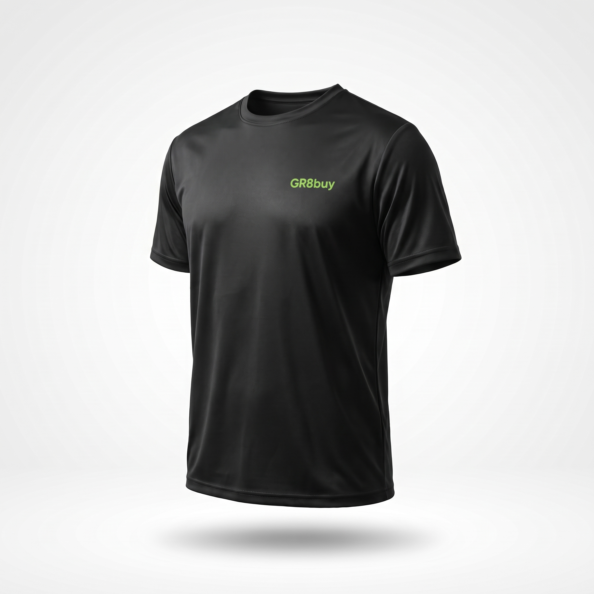 Baseline Performance Tee in black with lime GR8buy chest logo, three-quarter angle view