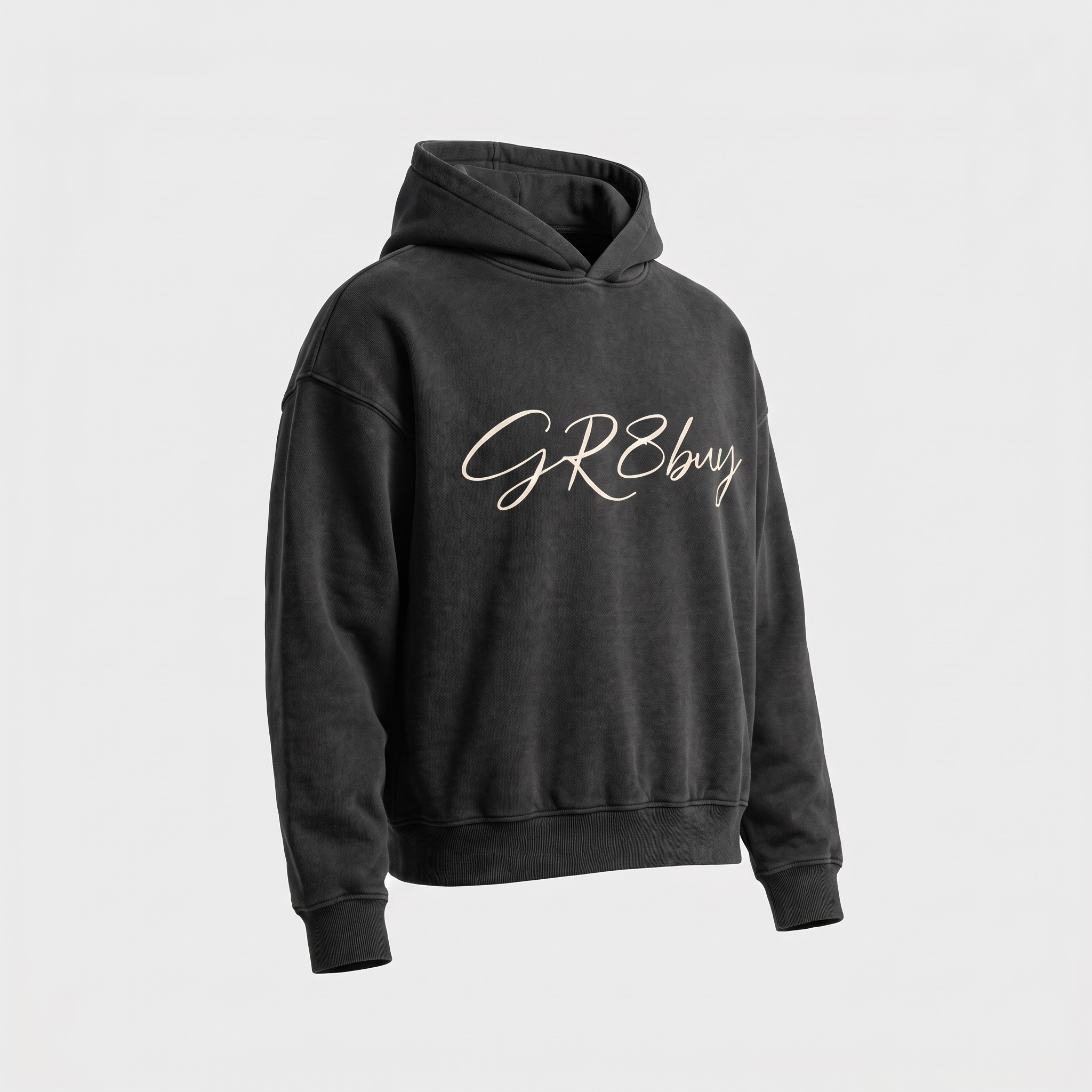 Groundwork Heavyweight Hoodie in washed black, three-quarter angle view