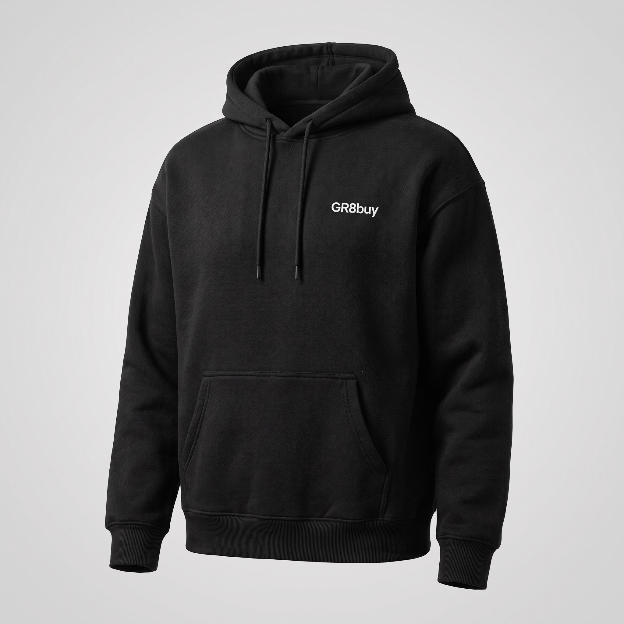 Momentum Heavyweight Hoodie in black with GR8buy chest logo, three-quarter angle view