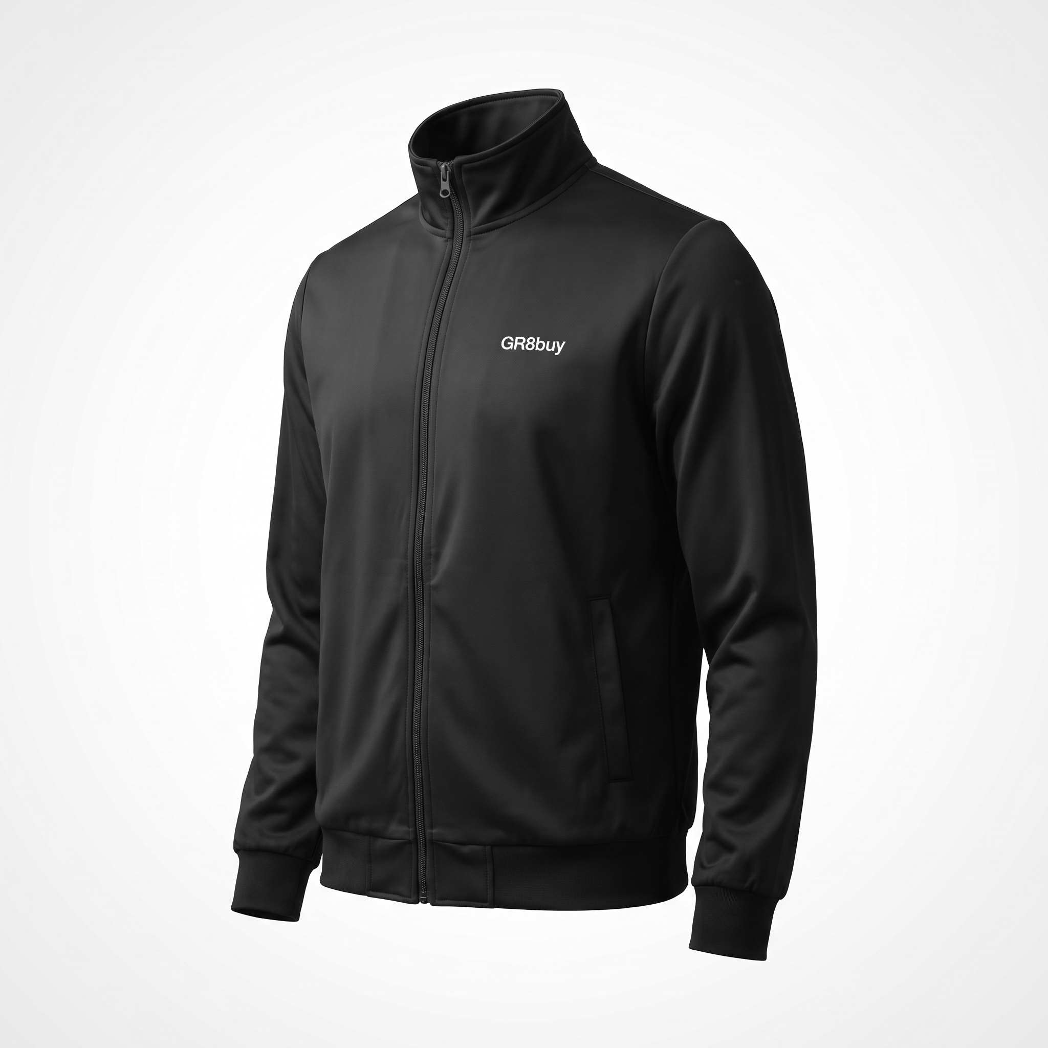 Momentum Track Jacket in black with GR8buy chest logo, three-quarter angle view