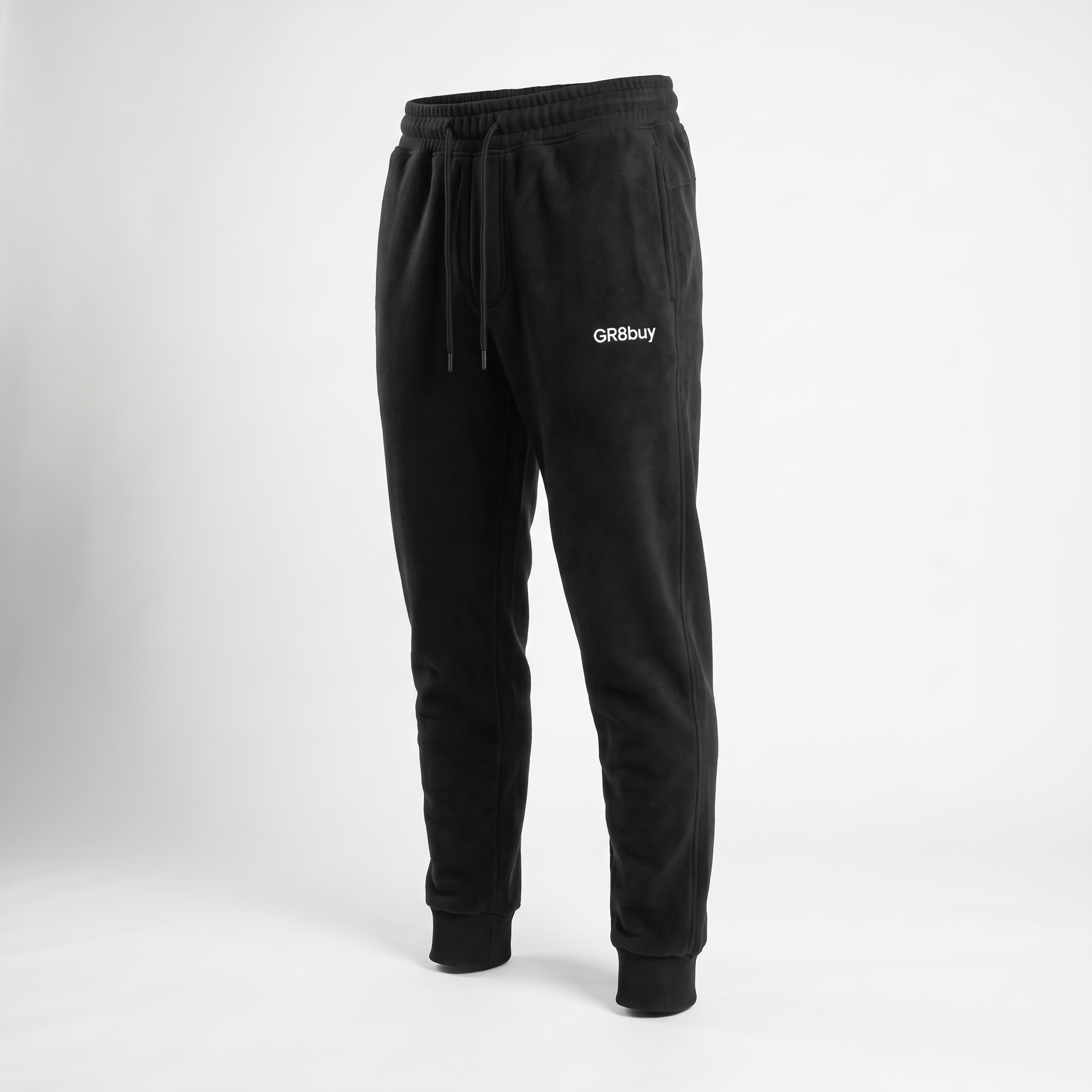 Momentum Tapered Jogger in black with GR8buy hip logo, three-quarter angle view