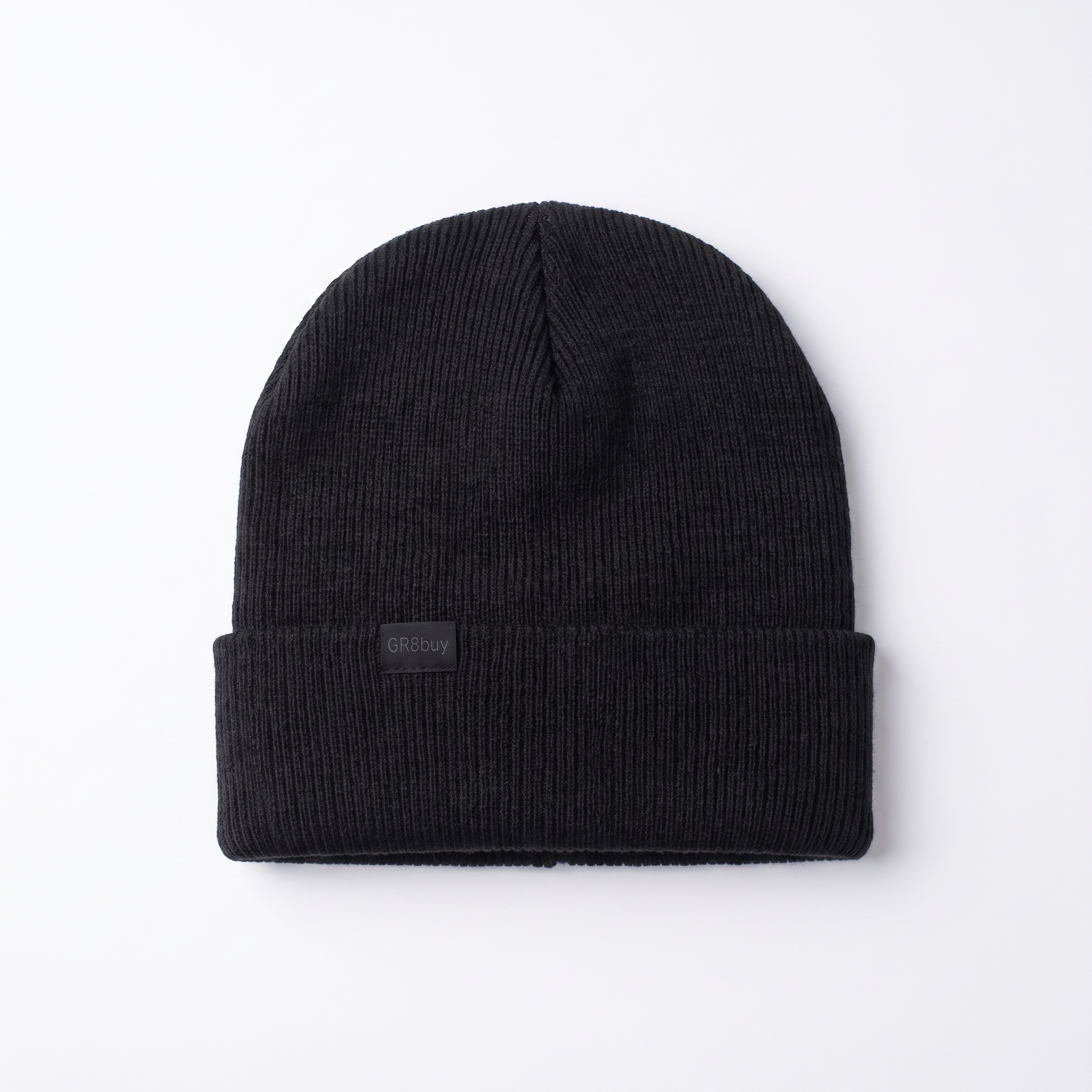 Everyday Ribbed Beanie in black, flat-lay view