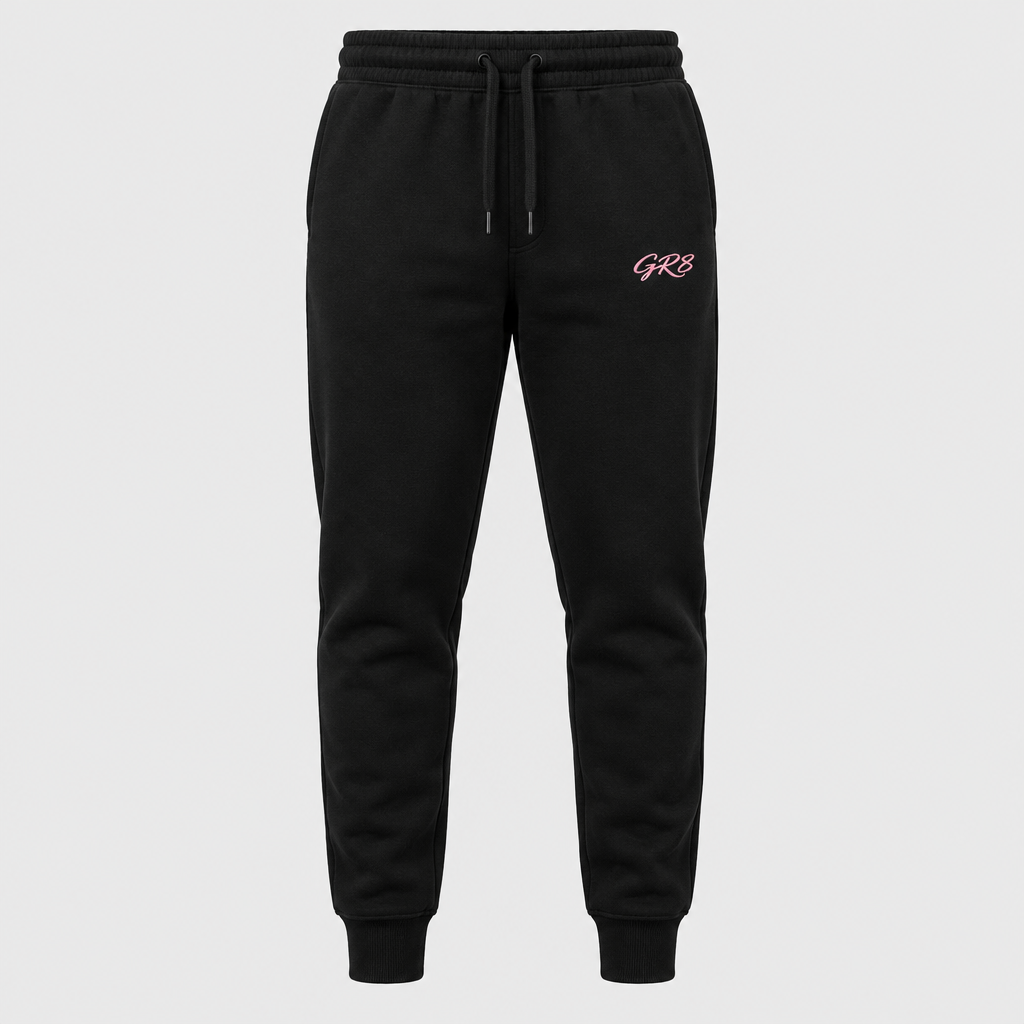 Momentum Tapered Jogger in black, front view with GR8 logo