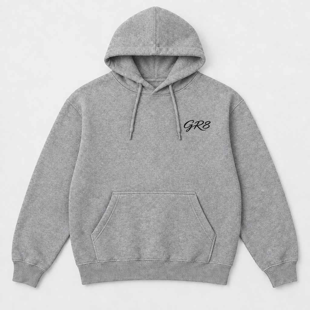 Momentum Heavyweight Hoodie in Heather Grey, front view with GR8 logo