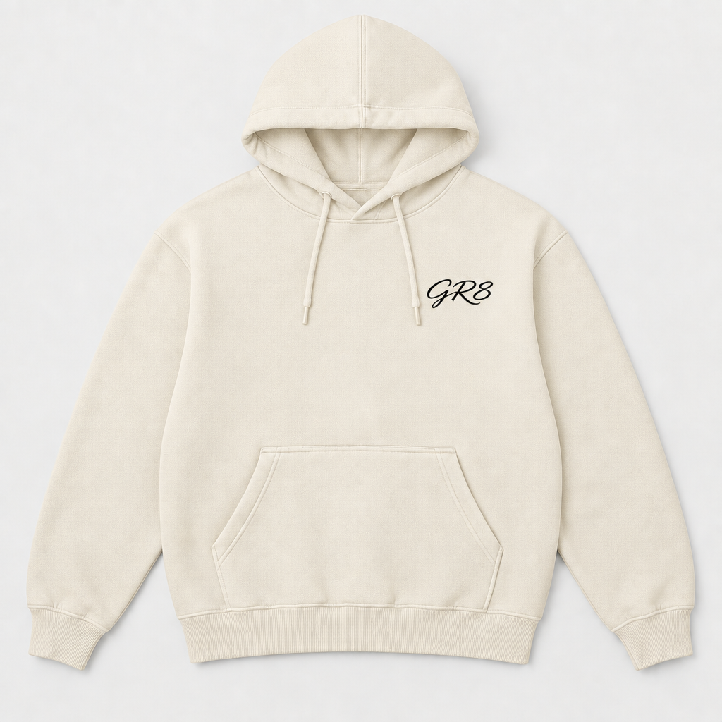 Momentum Heavyweight Hoodie in Bone, front view with GR8 logo