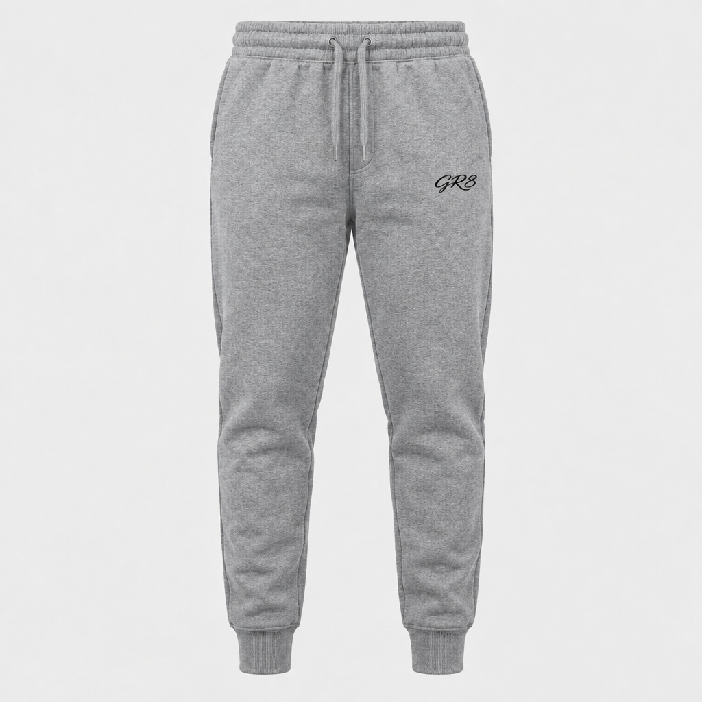 Momentum Tapered Jogger in Heather Grey, front view with GR8 logo