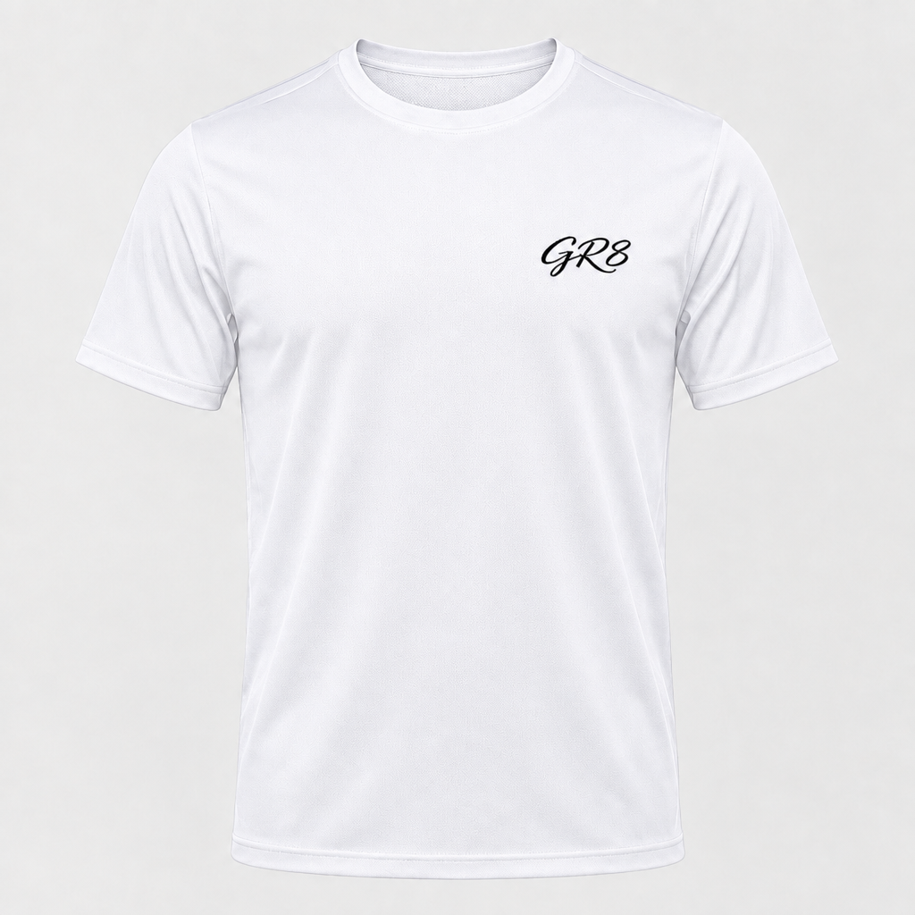 Baseline Performance Tee in White, front view with GR8 logo