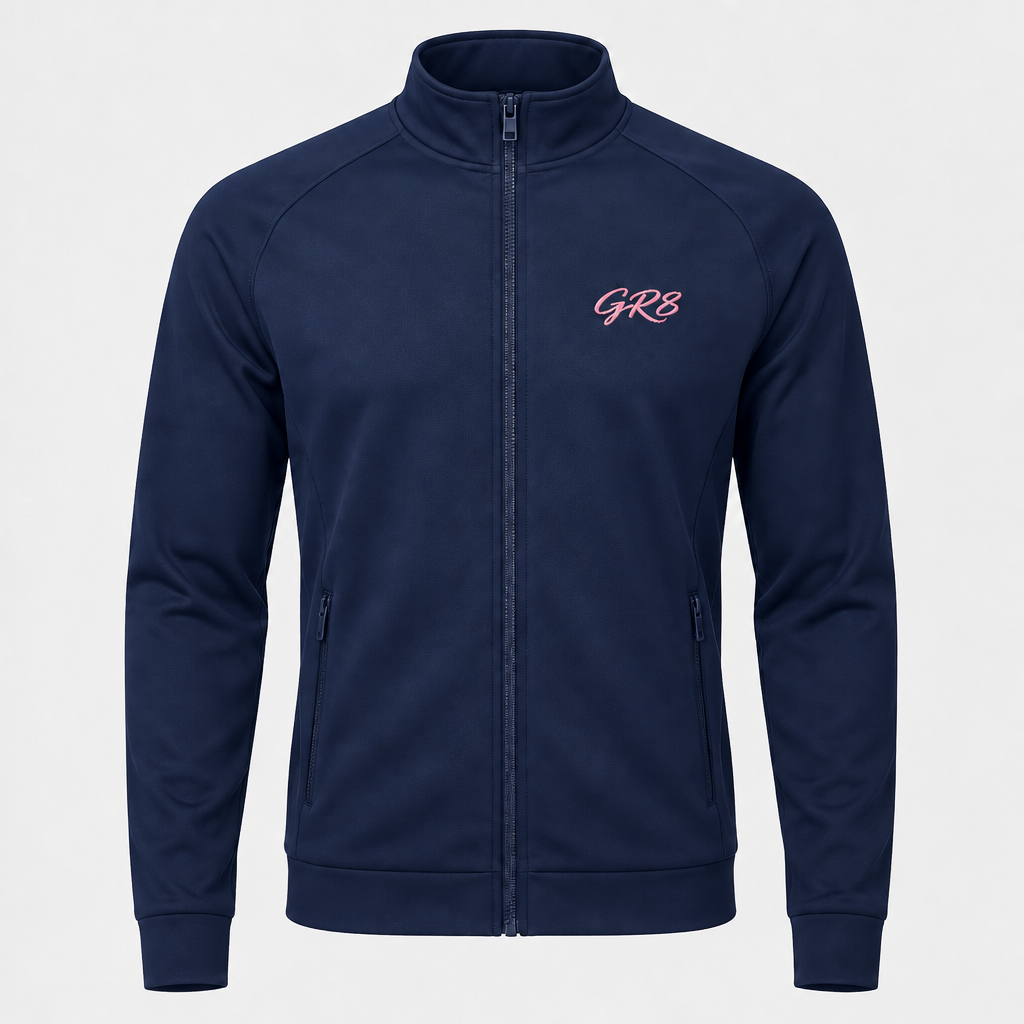 Momentum Track Jacket in Navy, front view with GR8 logo