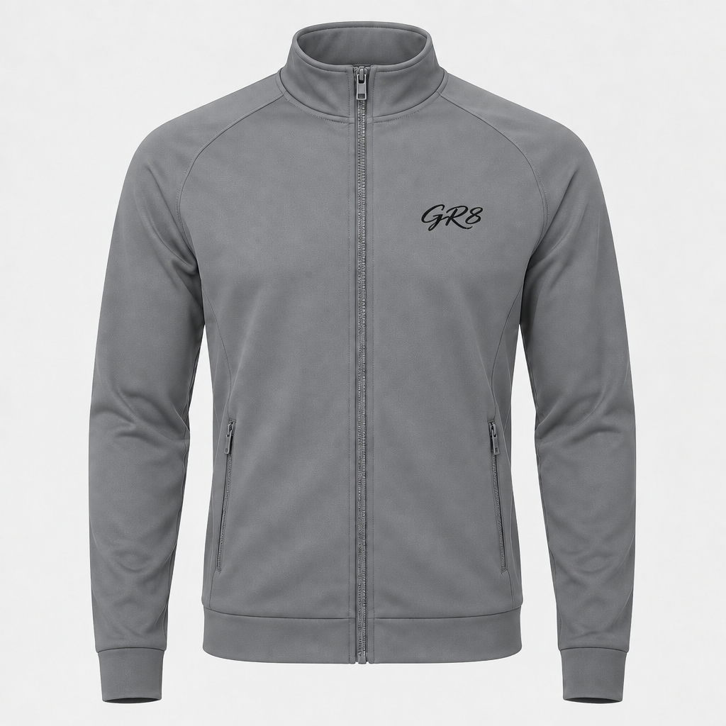 Momentum Track Jacket in Grey, front view with GR8 logo