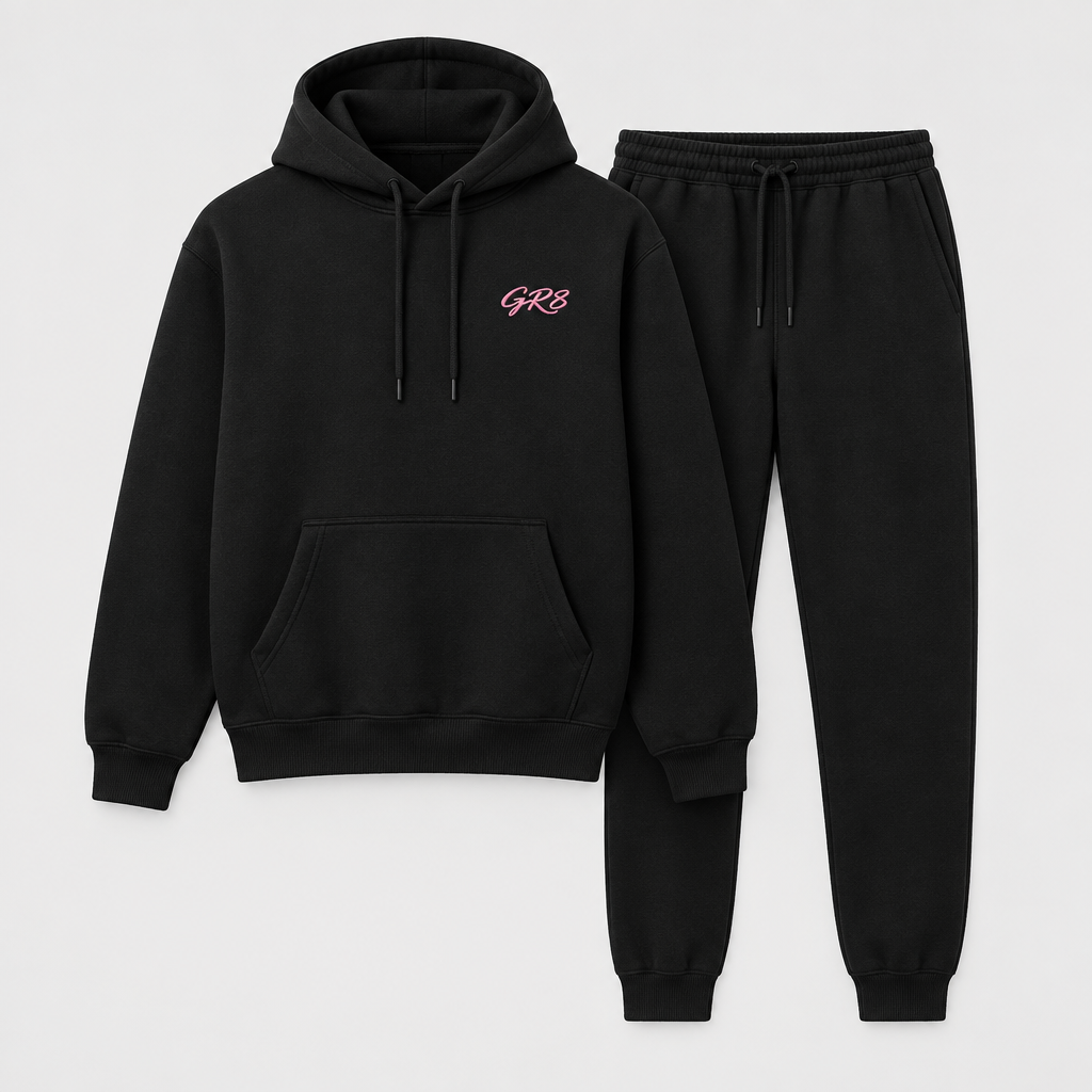 Momentum Hoodie + Jogger Set in Black, front view with GR8 logo