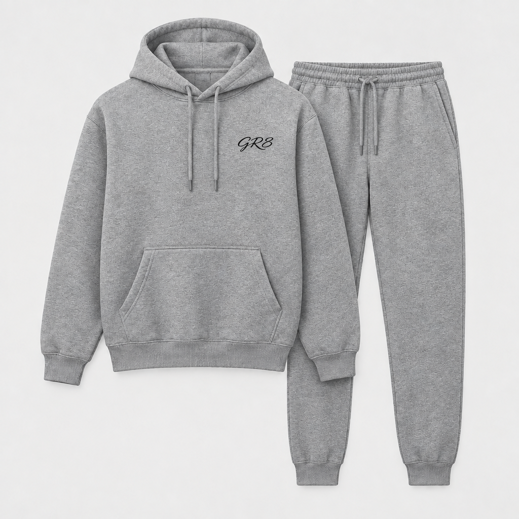 Momentum Hoodie + Jogger Set in Heather Grey, front view with GR8 logo