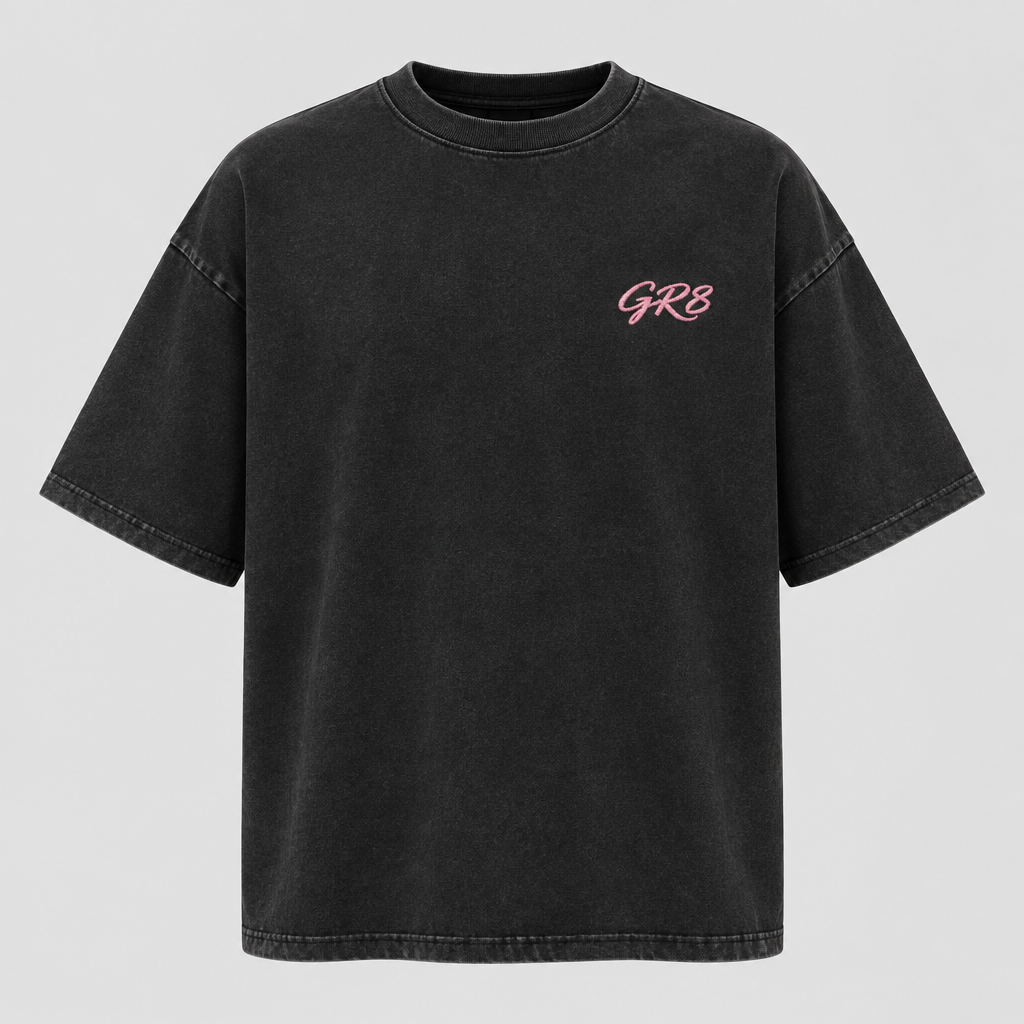 Groundwork Oversized Tee, Washed Black, front view with GR8 logo