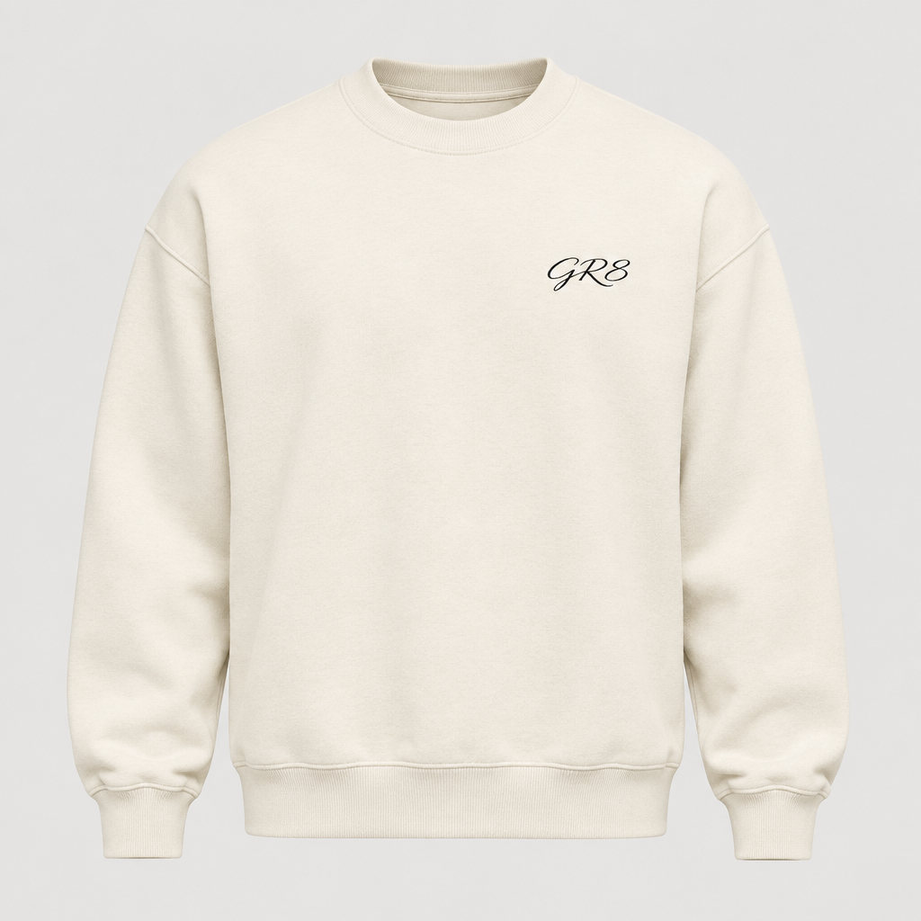 Groundwork Crewneck, Bone, front view with GR8 logo