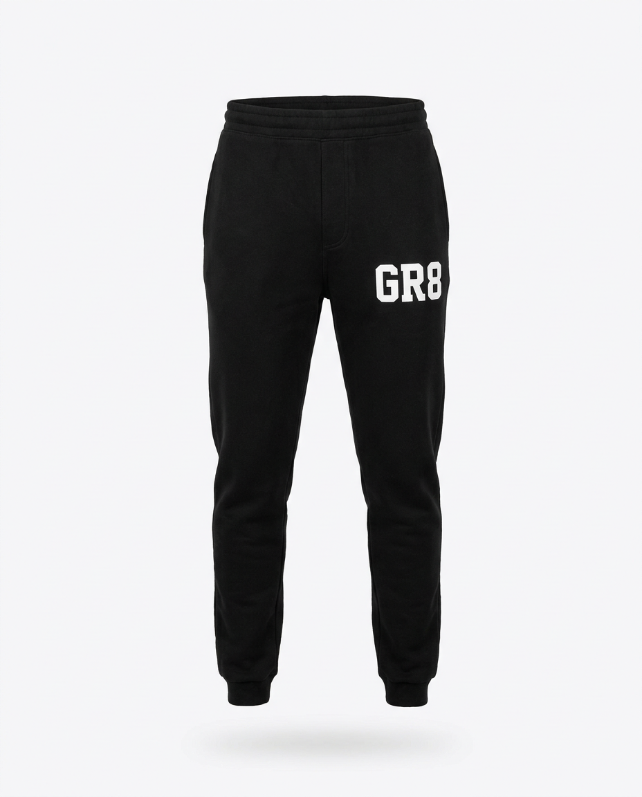 Momentum Tapered Jogger in black, front view with GR8 logo