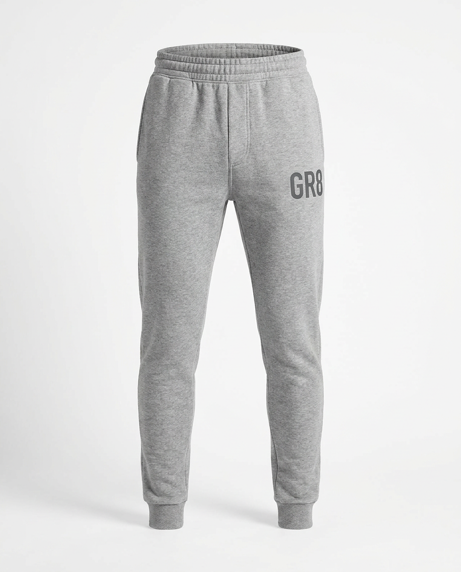 Momentum Tapered Jogger in Heather Grey, front view with GR8 logo