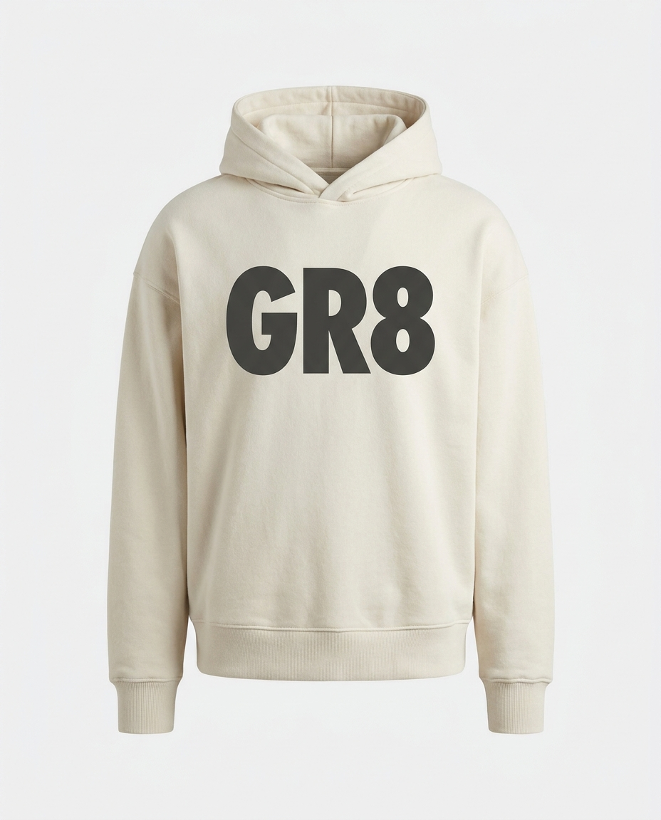 Momentum Heavyweight Hoodie in Bone, front view with GR8 logo
