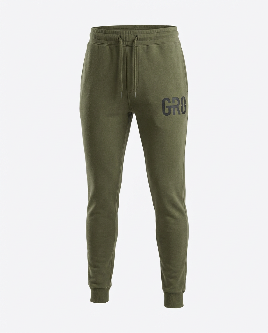 Momentum Tapered Jogger in Olive, front view with GR8 logo