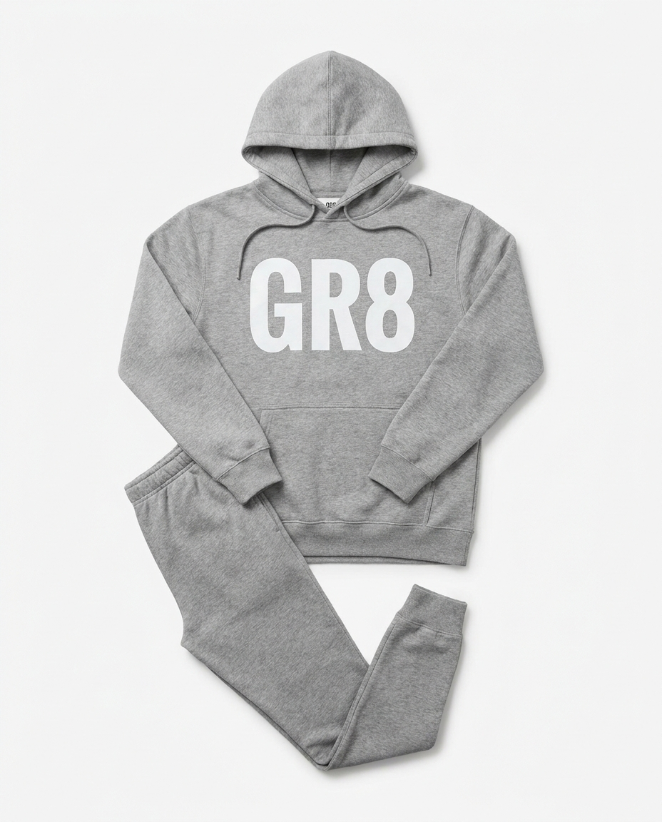 Momentum Hoodie + Jogger Set in Heather Grey, front view with GR8 logo