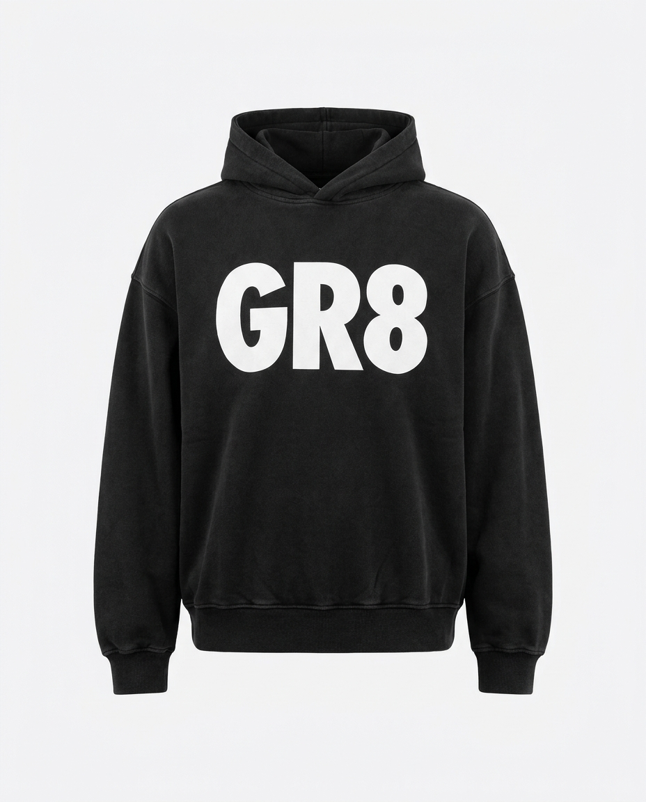 Groundwork Heavyweight Hoodie, Washed Black, front view with GR8 logo