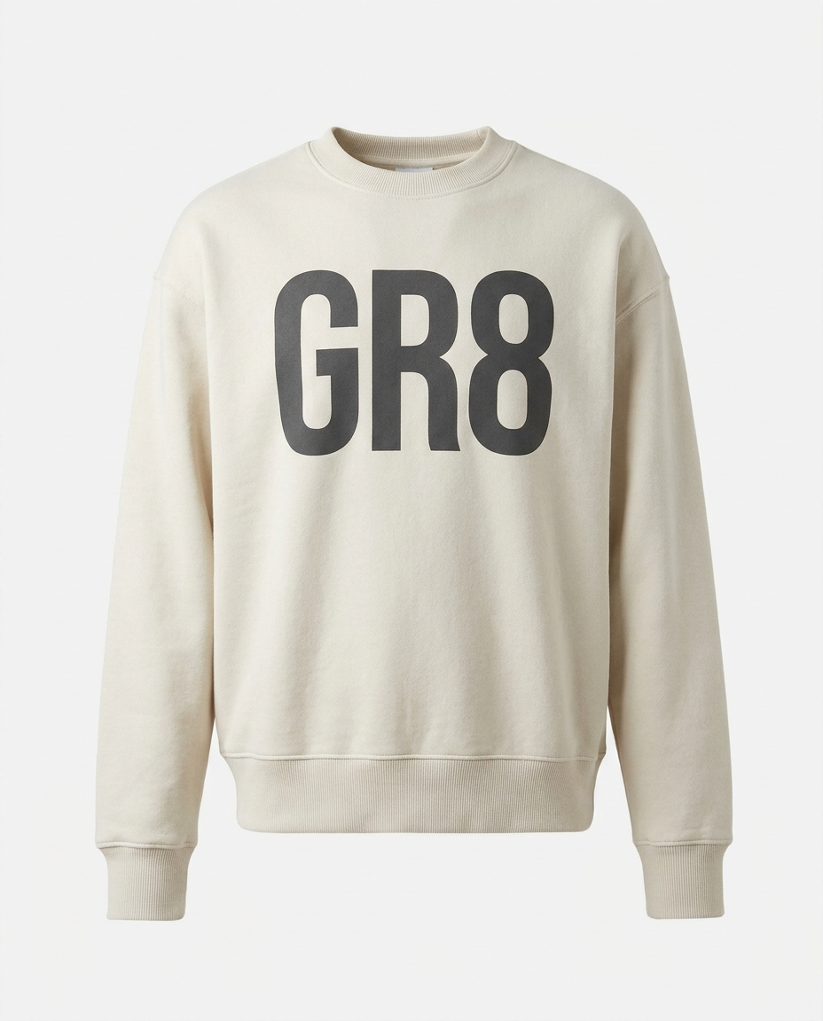 Groundwork Crewneck, Bone, front view with GR8 logo