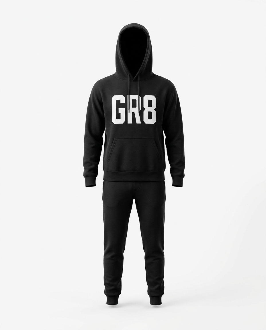 Momentum Hoodie + Jogger Set in Black, front view with GR8 logo